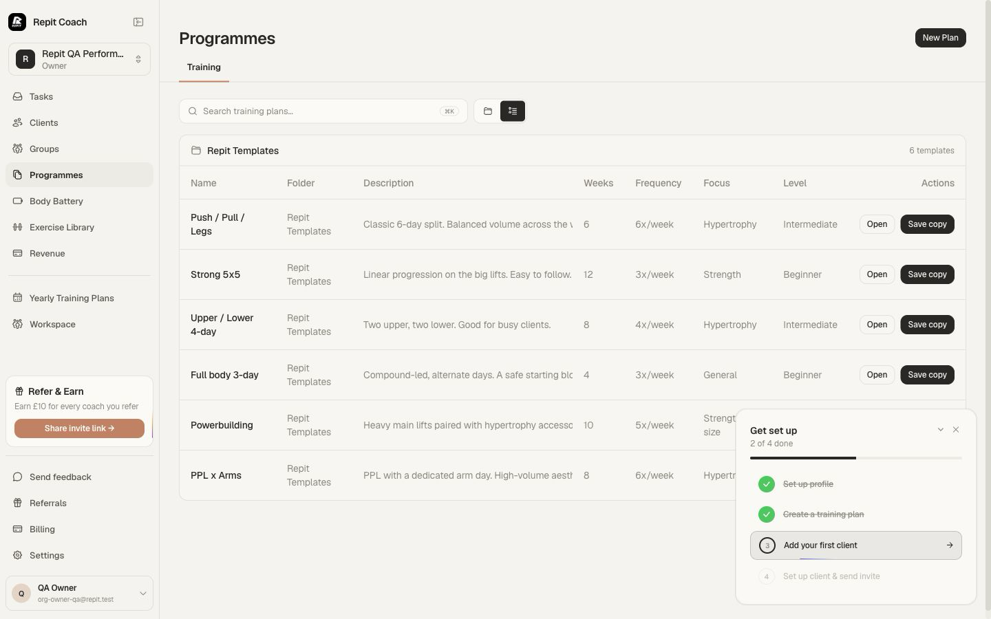 Repit plan builder showing a structured weekly training programme